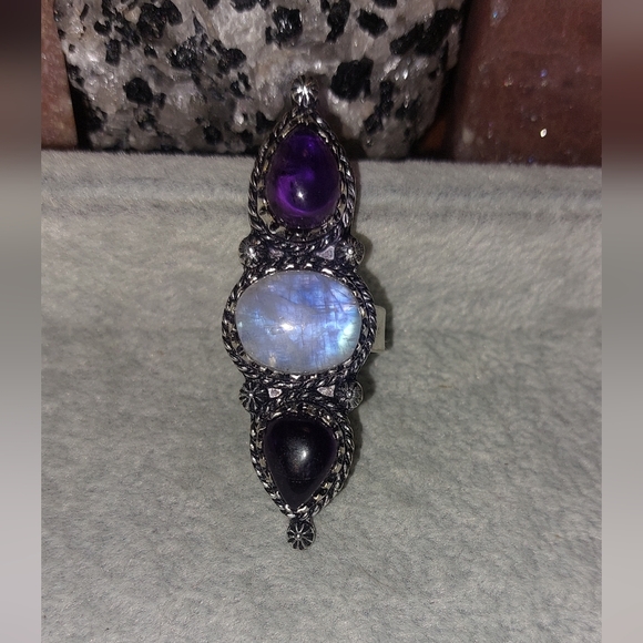 Moonstone and Amethyst Triple Stone Statement Ring Size 8.5 - Picture 6 of 9